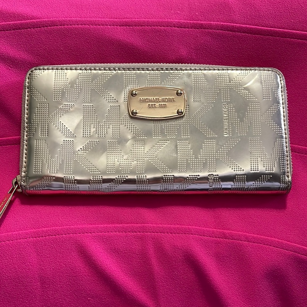 Michael Kors Gold Patent Leather Jet Set Zip Around Wallet